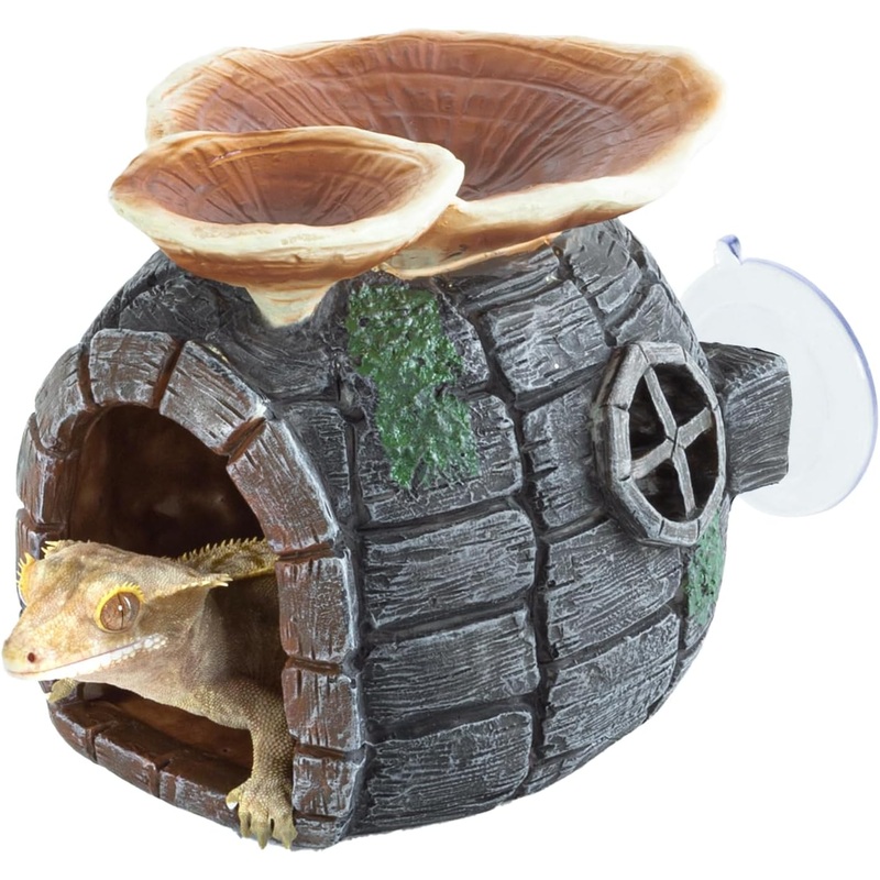 REPTI ZOO Reptile Hide, Multifunctional Reptile Hides with Suction Cup, Resin Reptile Hides, and Caves for Reptiles, Gecko, Lizard (Ganoderma Lucidum Shape)