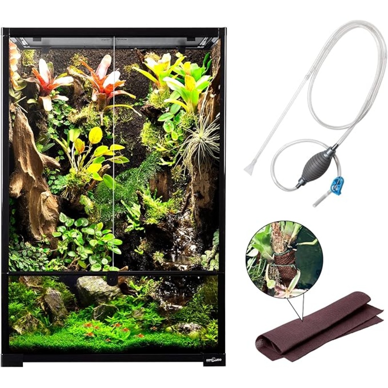67 Gallon Large Reptile Terrarium 24″x18″x 36″ Glass Paludarium Tank with 10 Deep Base, Siphon Gravel Cleaner Set and Plants Growing Cotton Mat Included 24x18x36 inch