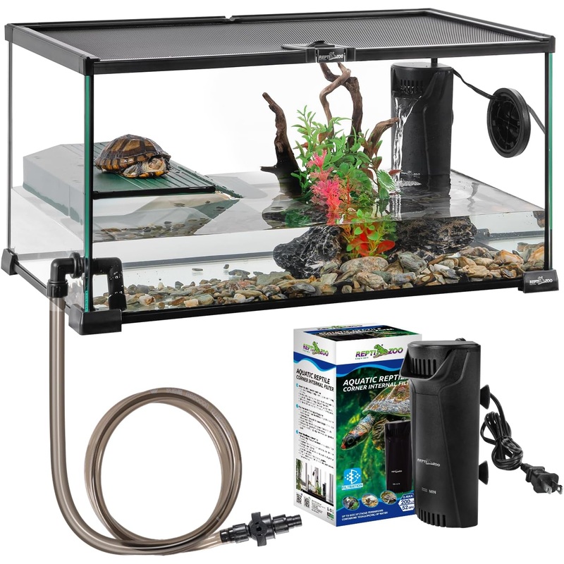 10 Gallon Turtle Tank 20″ x 12″ x 10″ starter Kit with Drainage System, Turtle Basking Platform and Quiet Aquarium Corner Internal Filter