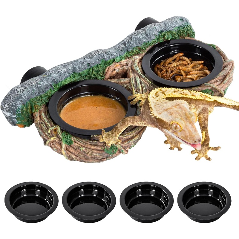 REPTI ZOO Magnetic Crested Gecko Feeding Ledge, Reptile Feeder Ledge with 2PCS Cups, Reptile Water Bowl for Bearded Dragon Lizard Snake, Hollow Vine Food Dish Tank Accessories
