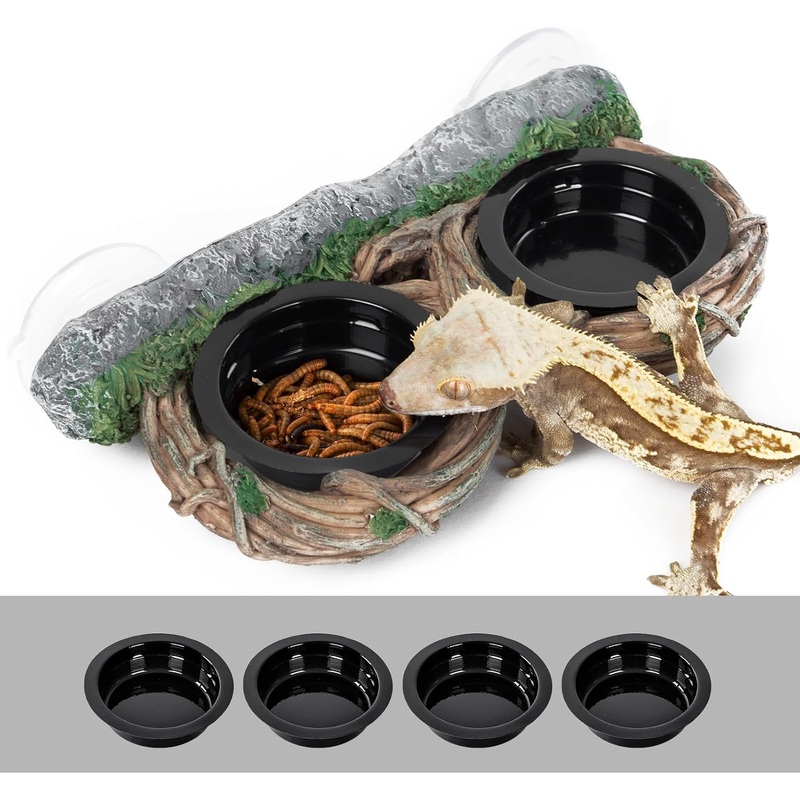 REPTI ZOO Dual Gecko Feeder Ledge, Reptile Hollow Vine Food Feeding for Bearded Dragon Lizard Snake Turtle, Reptile Water Feeding with 4 PCS Bowl, Reptile Dish Terrarium Tank Decor Accessories