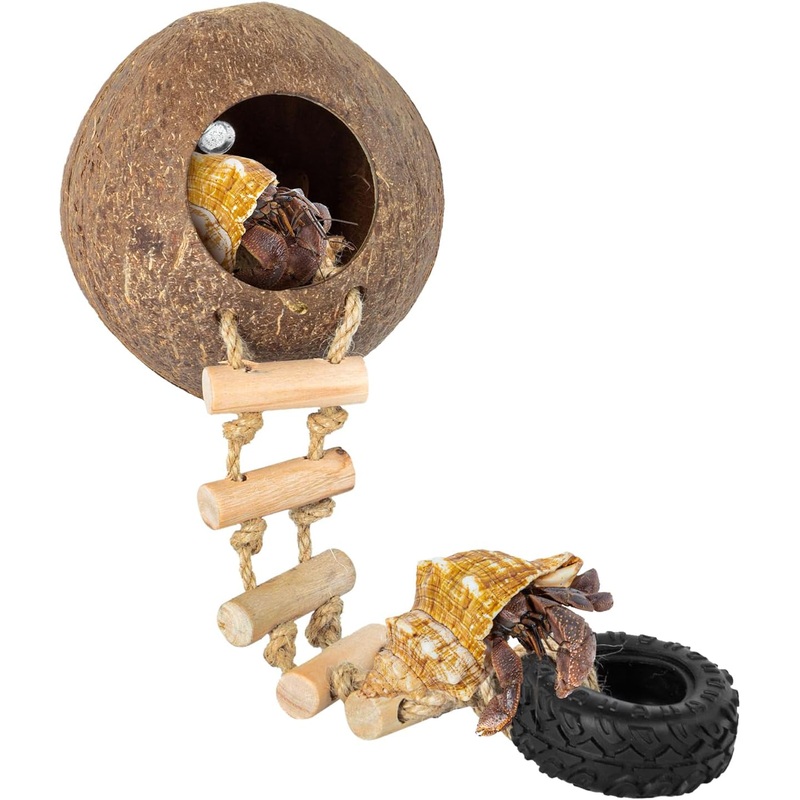 REPTIZOO Hermit Crab Coconut Shell Hideout, Leopard Gecko Hide Cave with Ladder, Reptile Coco Hut Cave Habitat with Suction Cup Terrarium Dcor for Crested Gecko,Hermit Crab, Lizard, Leopard Gecko