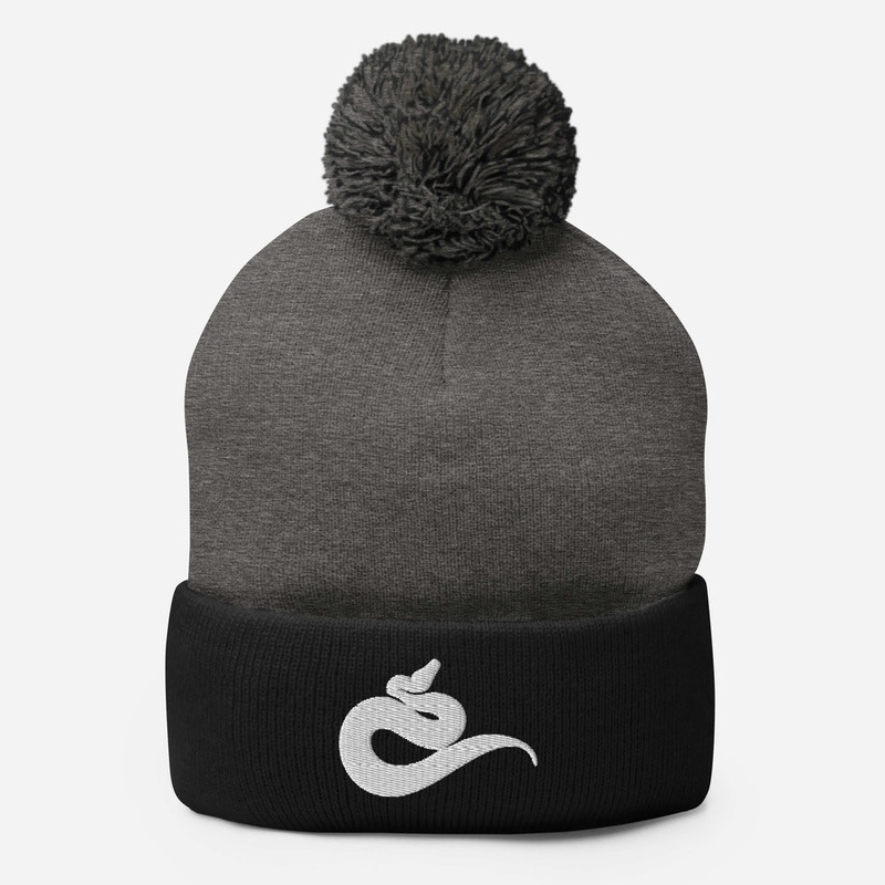 Embroidered Python Pom-Pom Beanie Black